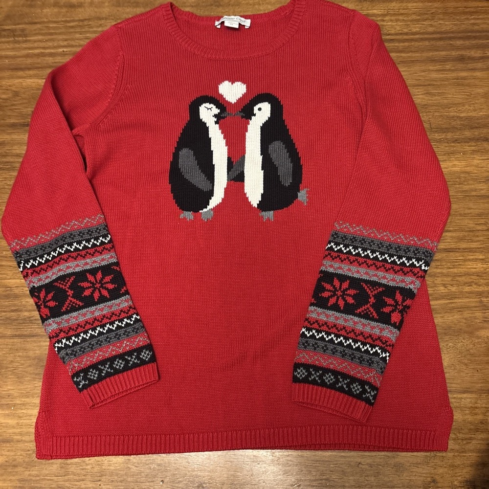 Coldwater Creek Sweater Red Fair Isle Sleeves Kissing Penguins Love Size XS‎